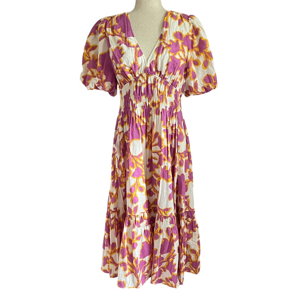ME+EM Floral Cheesecloth Shadow Paradise Midi Dress Pink Puff Sleeve US 10